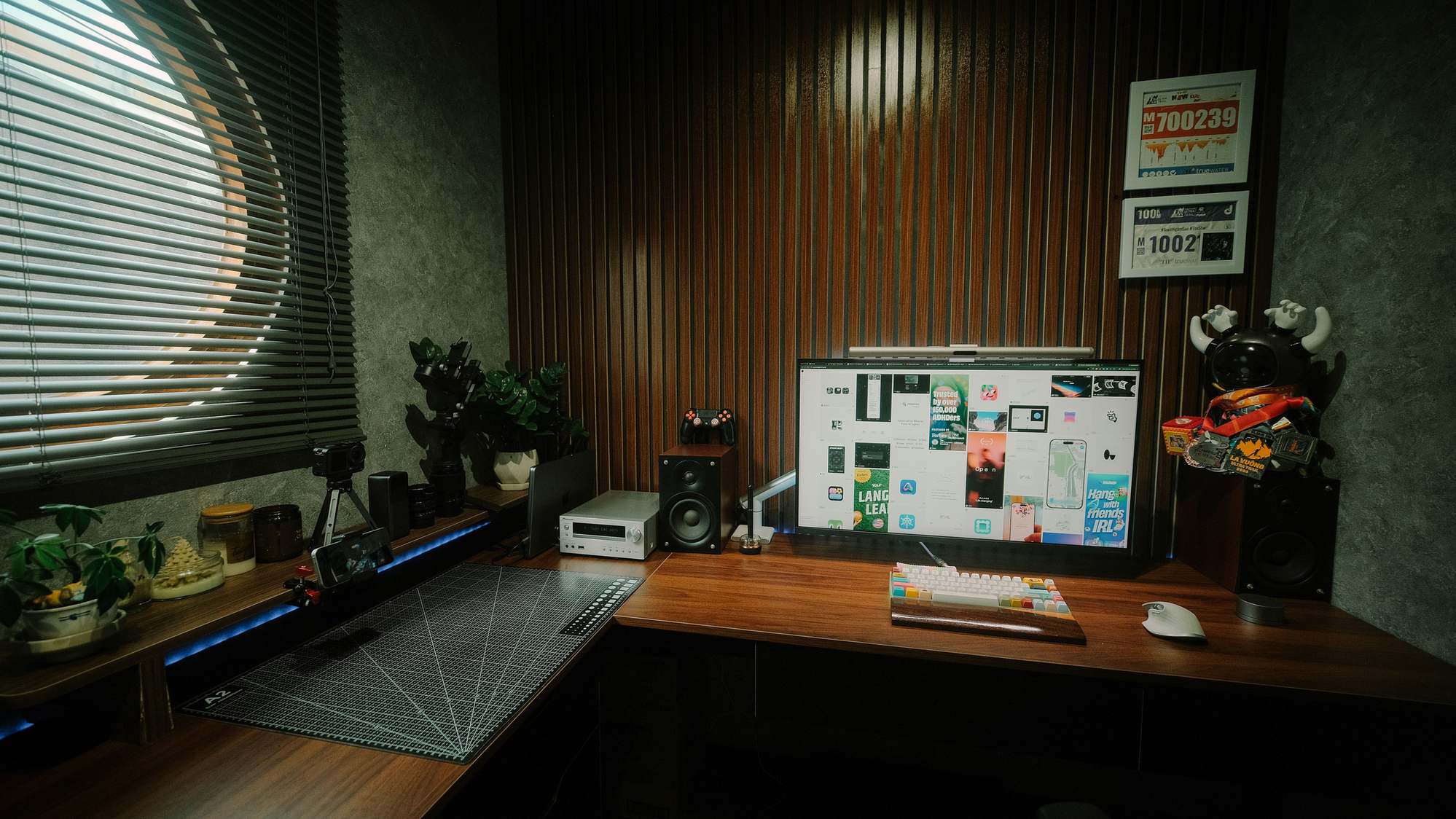 Wide view of a modern office workspace with computer and desk setup